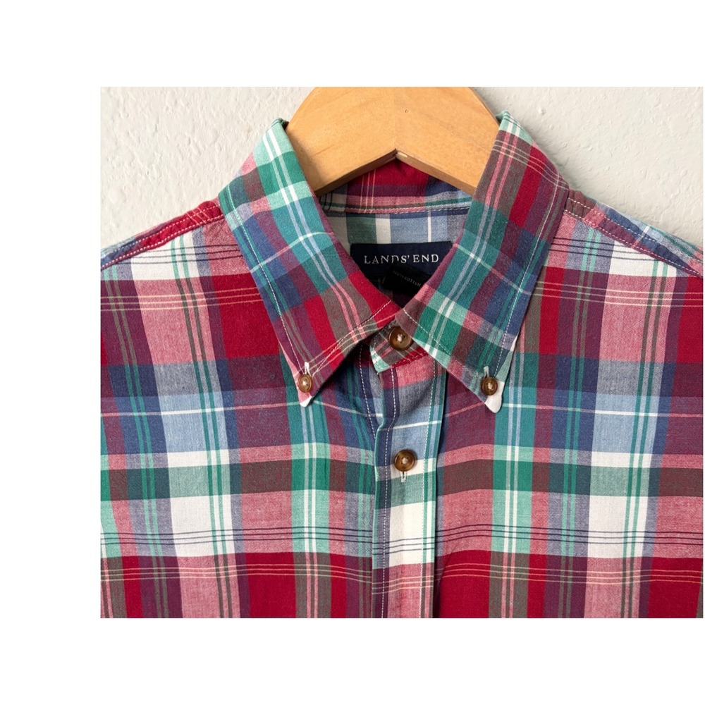 Lands End Mens Plaid Cotton Short Sleeve Button Down Shirt Small S Preppy Ivy